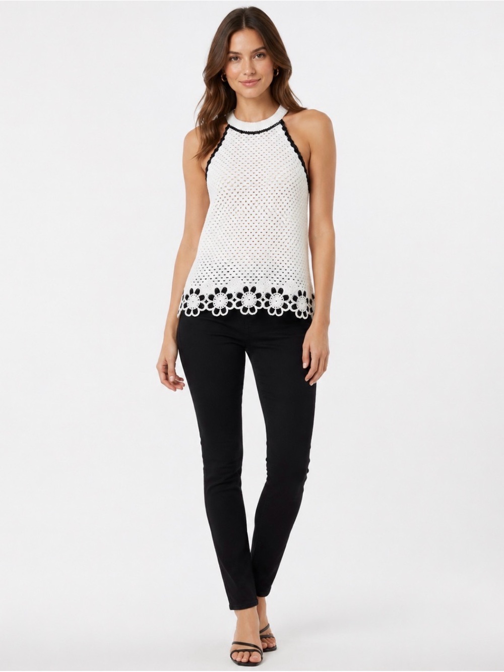 NWT DESIGN365 White Black Crochet Halter Tank Top XS Floral Trim